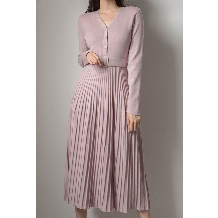 Kvinnors Stickad Plisserad Midi Klänning med Bälte – Raffinerad Vår- och Höststil