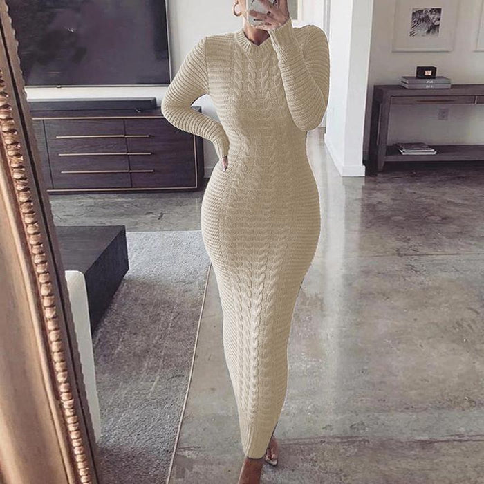 Kvinnors Kabelstickad Bodycon Maxi Klänning – Varm Långärmad Stil för Vintern
