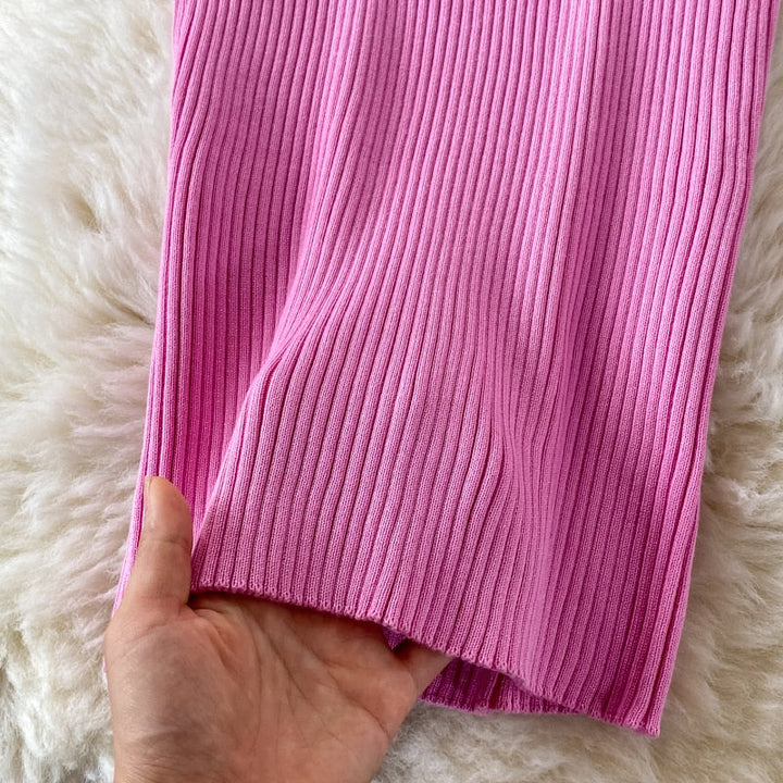 Kvinnors Ribbad Stickad Bodycon Midi Klänning – Korskantad Halsringning med Långa Ärmar för Speciella Tillfällen