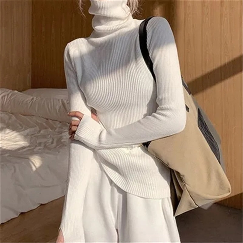 Kvinnors Ribbade Turtleneck Tröja Mjuk Stretch Stickad Slim Fit Pullover