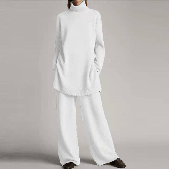 Kvinnors Avslappnad Turtleneck Set – Stretchbomullsblandning med Vida Ben för Avkoppling på Höst och Vinter