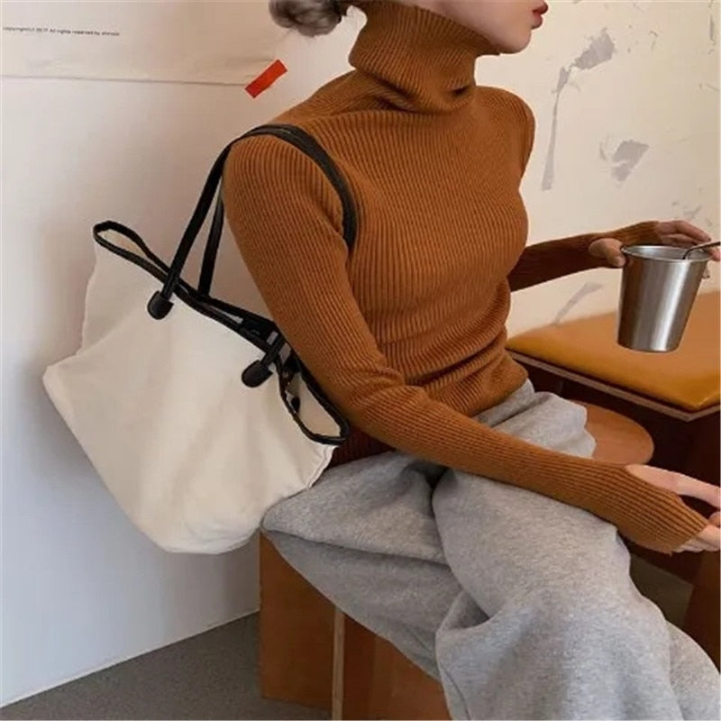 Kvinnors Ribbade Turtleneck Tröja Mjuk Stretch Stickad Slim Fit Pullover
