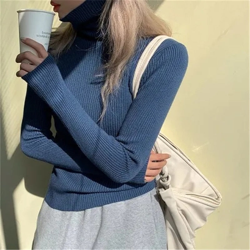 Kvinnors Ribbade Turtleneck Tröja Mjuk Stretch Stickad Slim Fit Pullover