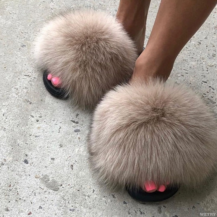 Kvinnors Fluffiga Fuskpäls Tofflor Mjuka Plysch Slide Sandaler Öppen Tå Bekväm Passform