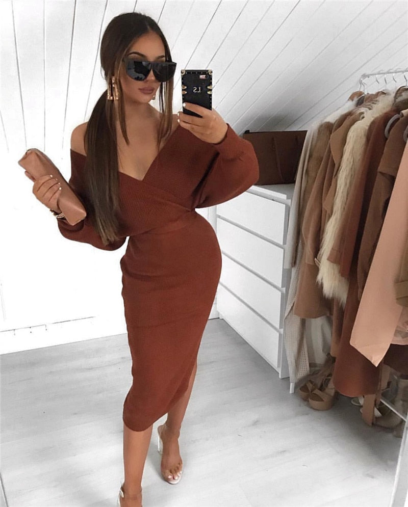 Kvinnors Off-Shoulder Pencil Midi Klänning – V-Hals Långärmad Kvällsstil
