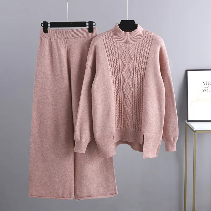 Kvinnors Cashmere Tröja och Vida Byxor Set – Varm Vinter Loungewear