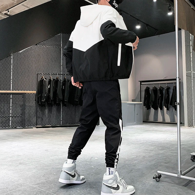 Mäns Tvådelade Träningsoverall Casual Joggers och Huva Sportjacka Set Bekväm Streetwear Hip Hop Löpningsoutfit