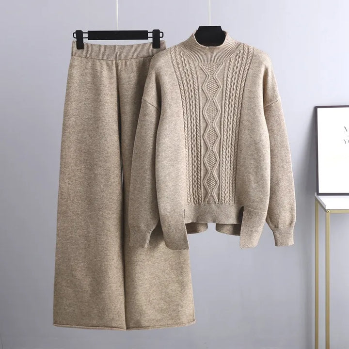 Kvinnors Cashmere Tröja och Vida Byxor Set – Varm Vinter Loungewear