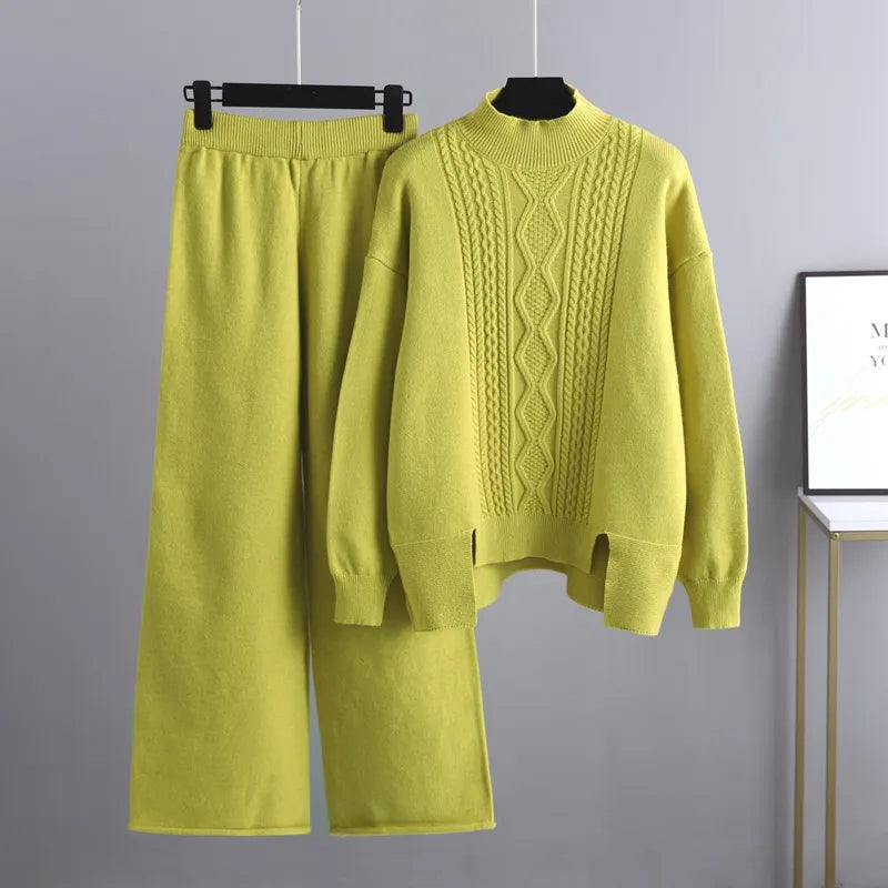 Kvinnors Cashmere Tröja och Vida Byxor Set – Varm Vinter Loungewear