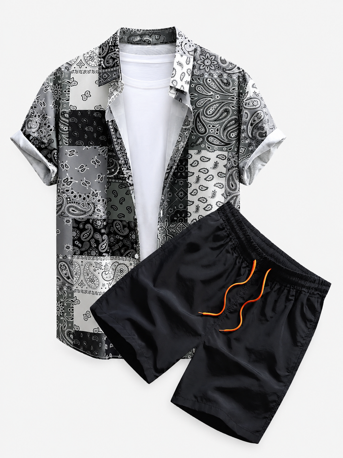 Herrarnas tryckta skjorta och badshorts-set – Regular Fit sommarsemester-set