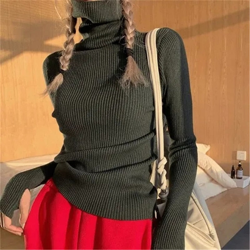 Kvinnors Ribbade Turtleneck Tröja Mjuk Stretch Stickad Slim Fit Pullover