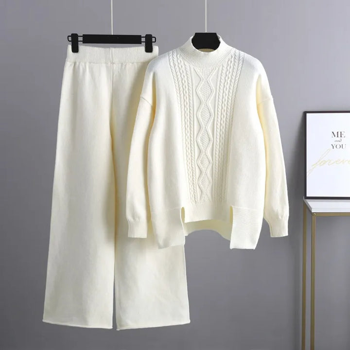 Kvinnors Cashmere Tröja och Vida Byxor Set – Varm Vinter Loungewear