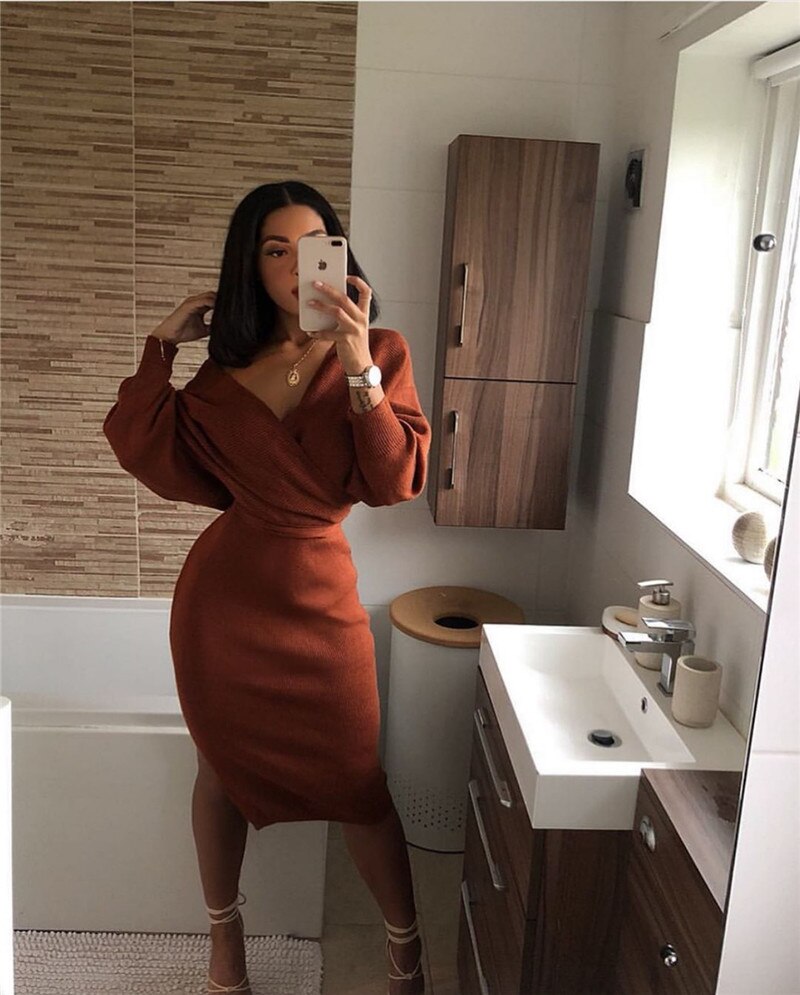 Kvinnors Off-Shoulder Pencil Midi Klänning – V-Hals Långärmad Kvällsstil