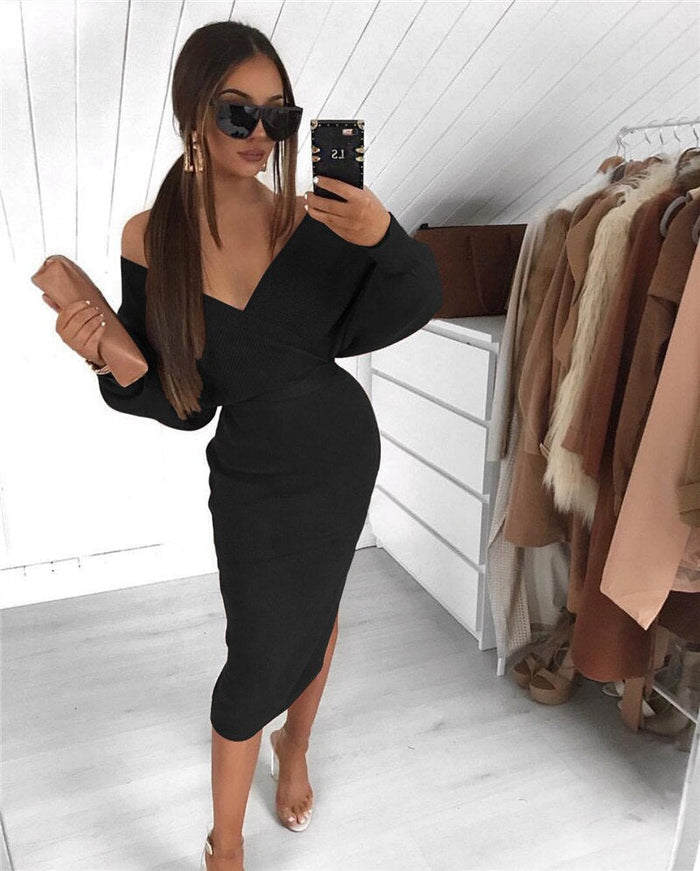 Kvinnors Off-Shoulder Pencil Midi Klänning – V-Hals Långärmad Kvällsstil