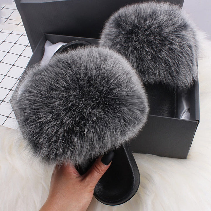 Kvinnors Fluffiga Fuskpäls Tofflor Mjuka Plysch Slide Sandaler Öppen Tå Bekväm Passform