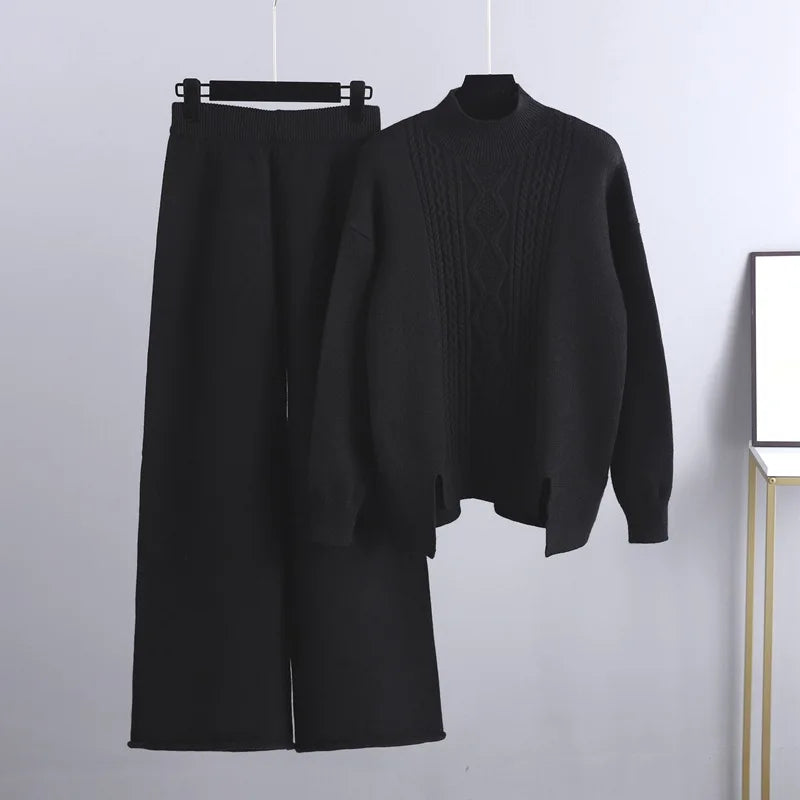 Kvinnors Cashmere Tröja och Vida Byxor Set – Varm Vinter Loungewear