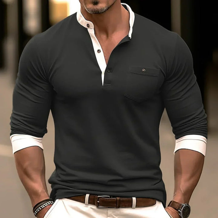 Herrars långärmad Henley polo med kontrastkrage