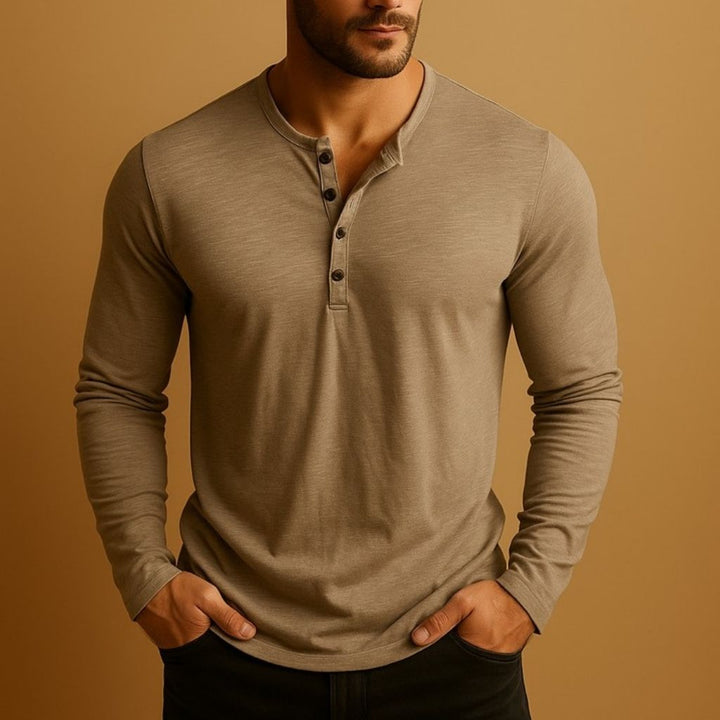 Herr Slim Fit Långärmad Henley Casual Skjorta