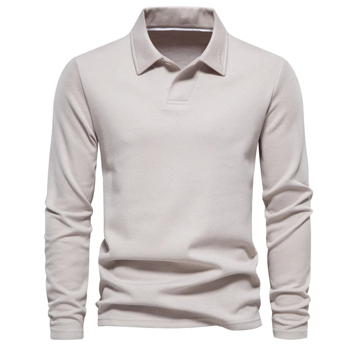 Herrars Långärmad Stickad Polo T-shirt – Raffinerad Öppen Krage för Kontor och Smart Casual Klädsel