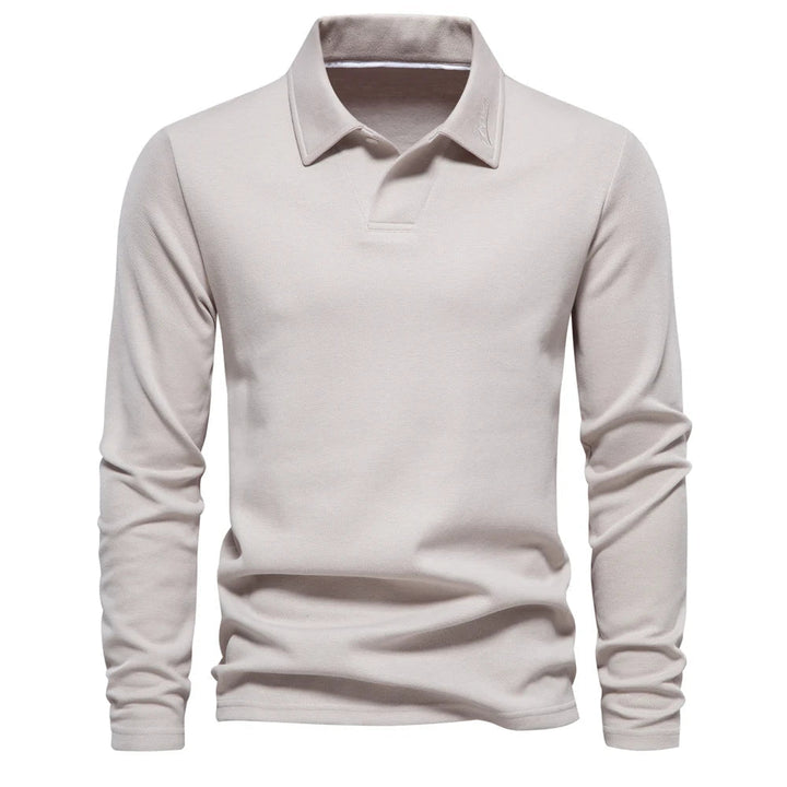 Herrars Långärmad Stickad Polo T-shirt – Raffinerad Öppen Krage för Kontor och Smart Casual Klädsel