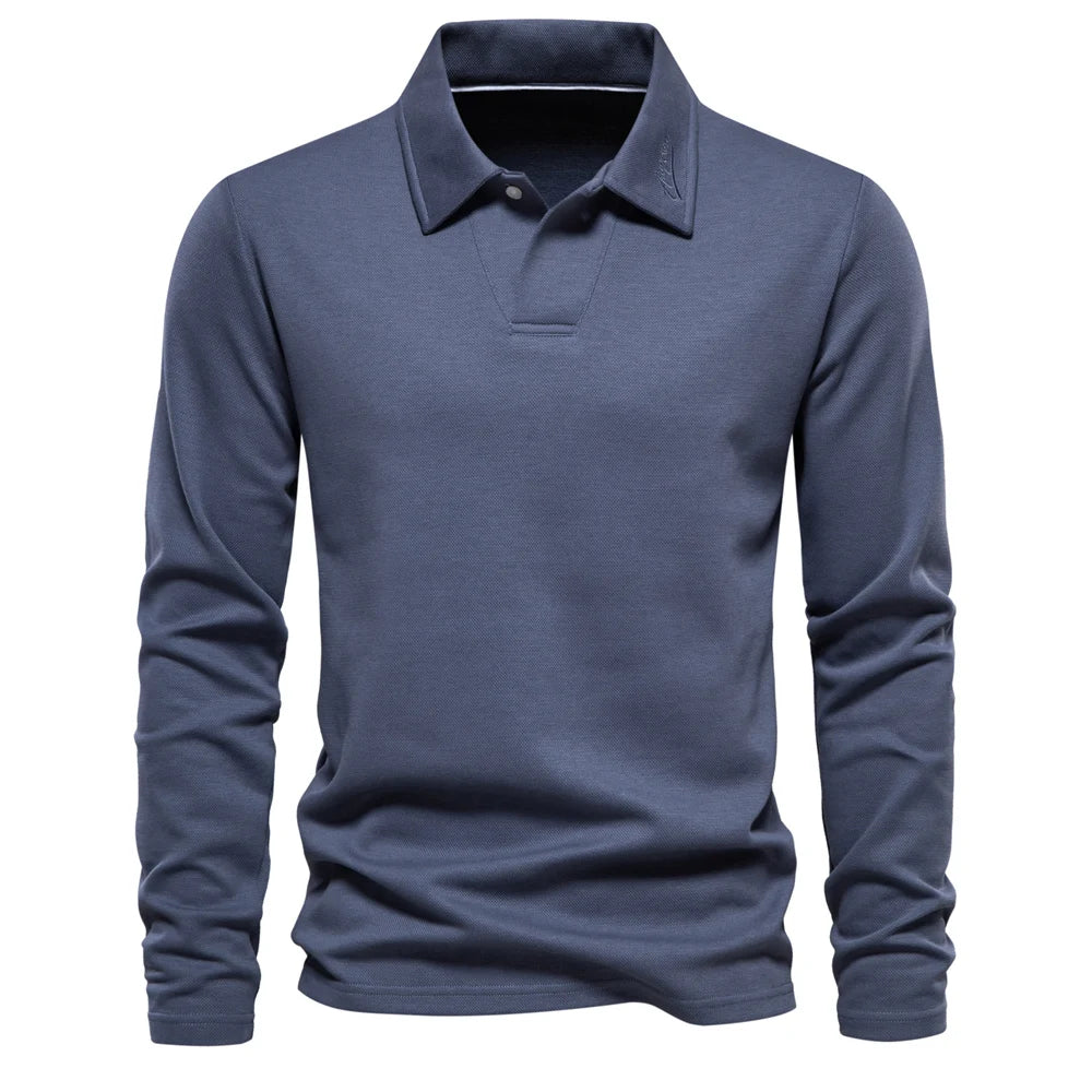 Herrars Långärmad Stickad Polo T-shirt – Raffinerad Öppen Krage för Kontor och Smart Casual Klädsel