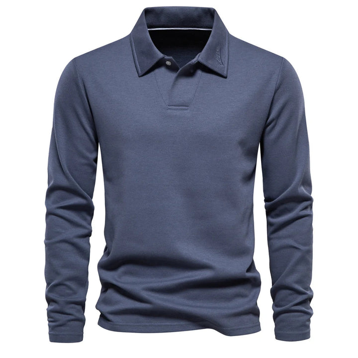 Herrars Långärmad Stickad Polo T-shirt – Raffinerad Öppen Krage för Kontor och Smart Casual Klädsel