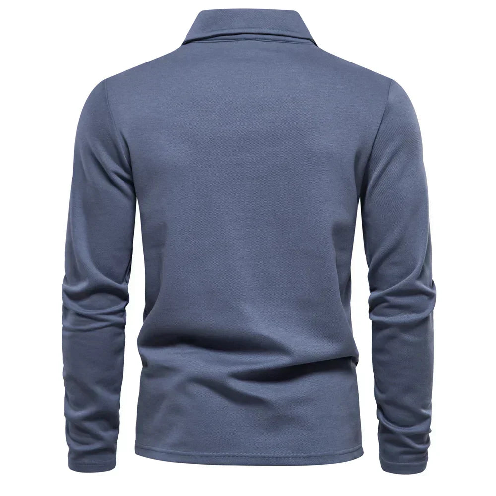 Herrars Långärmad Stickad Polo T-shirt – Raffinerad Öppen Krage för Kontor och Smart Casual Klädsel