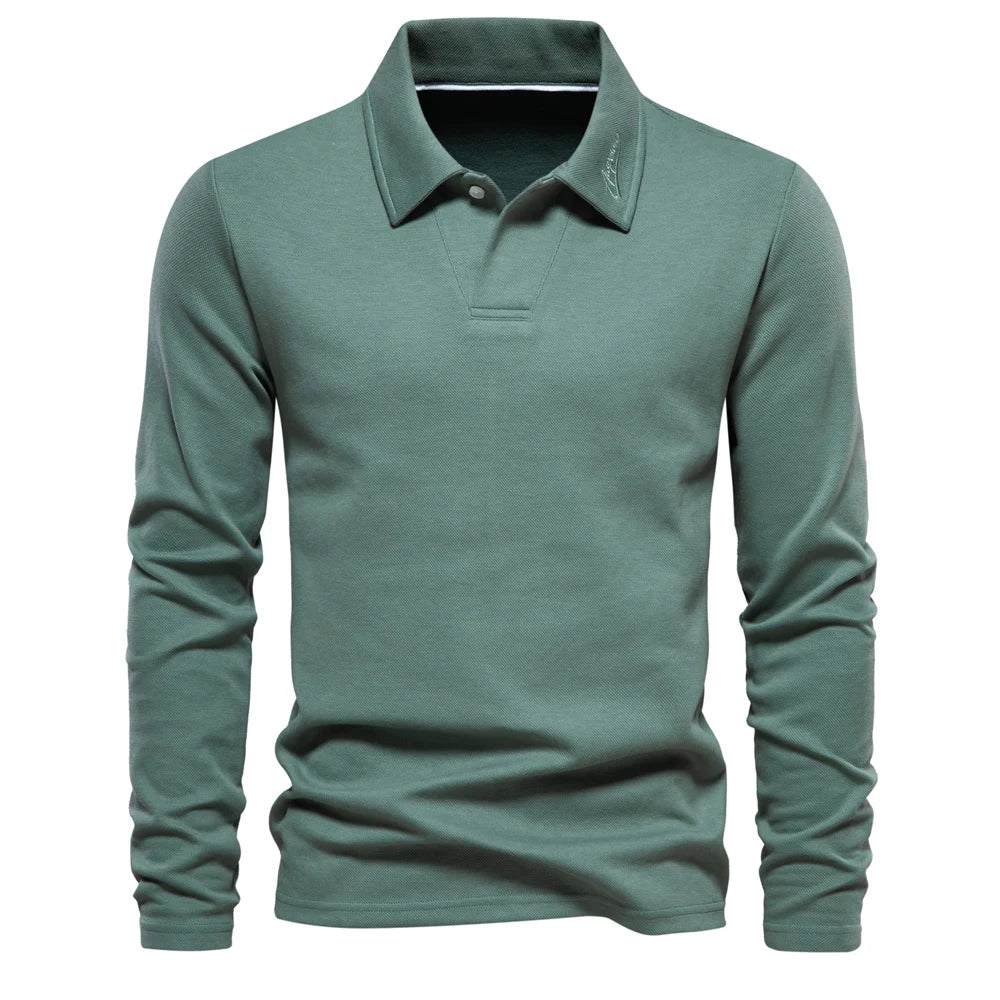 Herrars Långärmad Stickad Polo T-shirt – Raffinerad Öppen Krage för Kontor och Smart Casual Klädsel