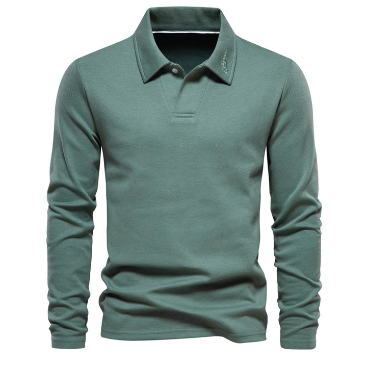 Herrars Långärmad Stickad Polo T-shirt – Raffinerad Öppen Krage för Kontor och Smart Casual Klädsel