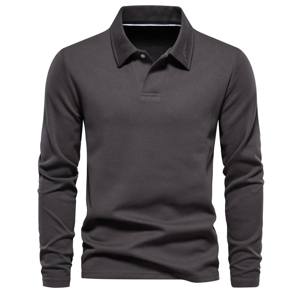 Herrars Långärmad Stickad Polo T-shirt – Raffinerad Öppen Krage för Kontor och Smart Casual Klädsel