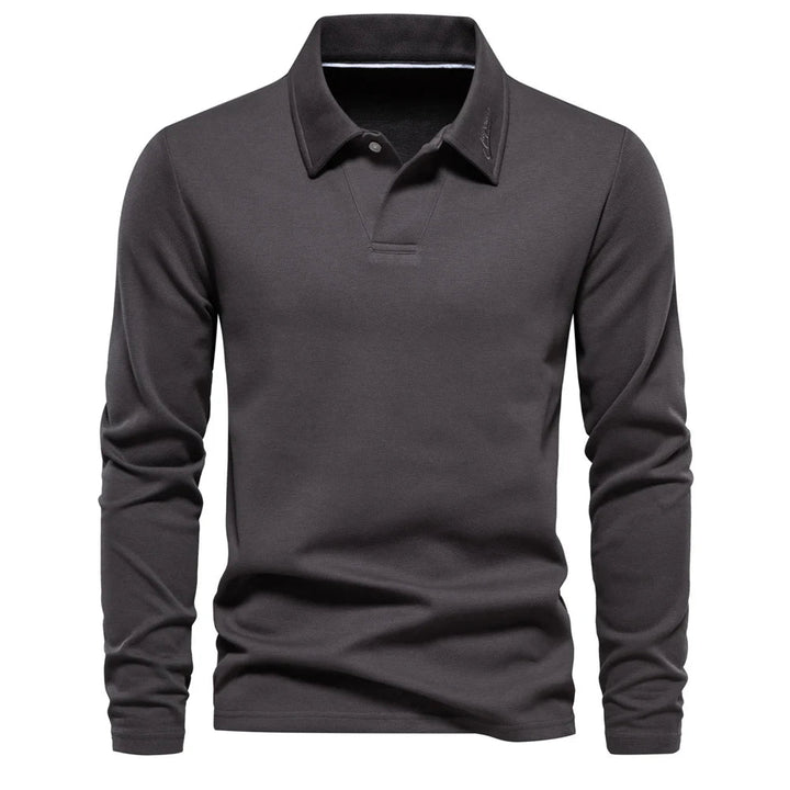 Herrars Långärmad Stickad Polo T-shirt – Raffinerad Öppen Krage för Kontor och Smart Casual Klädsel