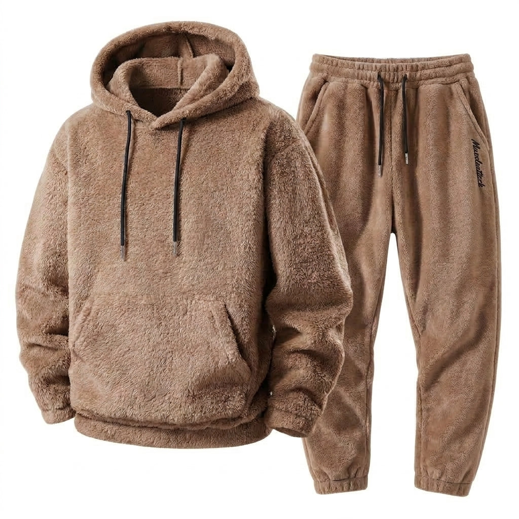 Herrarnas Plush Teddy Träningsoverall – Avslappnad Hooded Jogger Set för Vinterkomfort