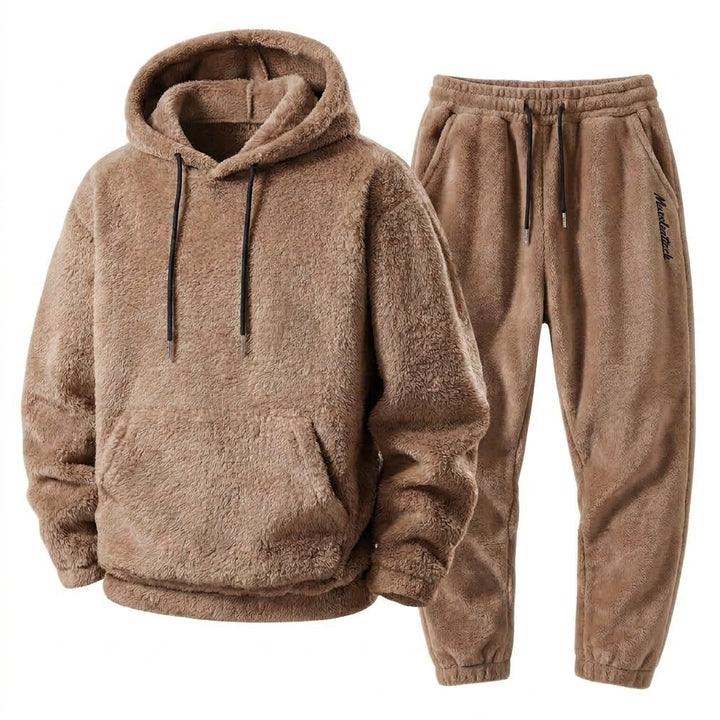 Herrarnas Plush Teddy Träningsoverall – Avslappnad Hooded Jogger Set för Vinterkomfort