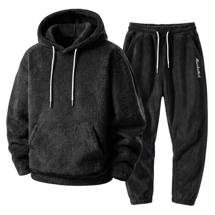 Herrarnas Plush Teddy Träningsoverall – Avslappnad Hooded Jogger Set för Vinterkomfort
