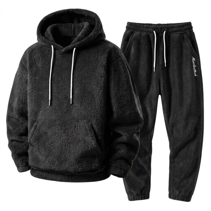 Herrarnas Plush Teddy Träningsoverall – Avslappnad Hooded Jogger Set för Vinterkomfort
