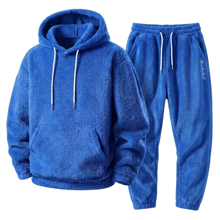Herrarnas Plush Teddy Träningsoverall – Avslappnad Hooded Jogger Set för Vinterkomfort