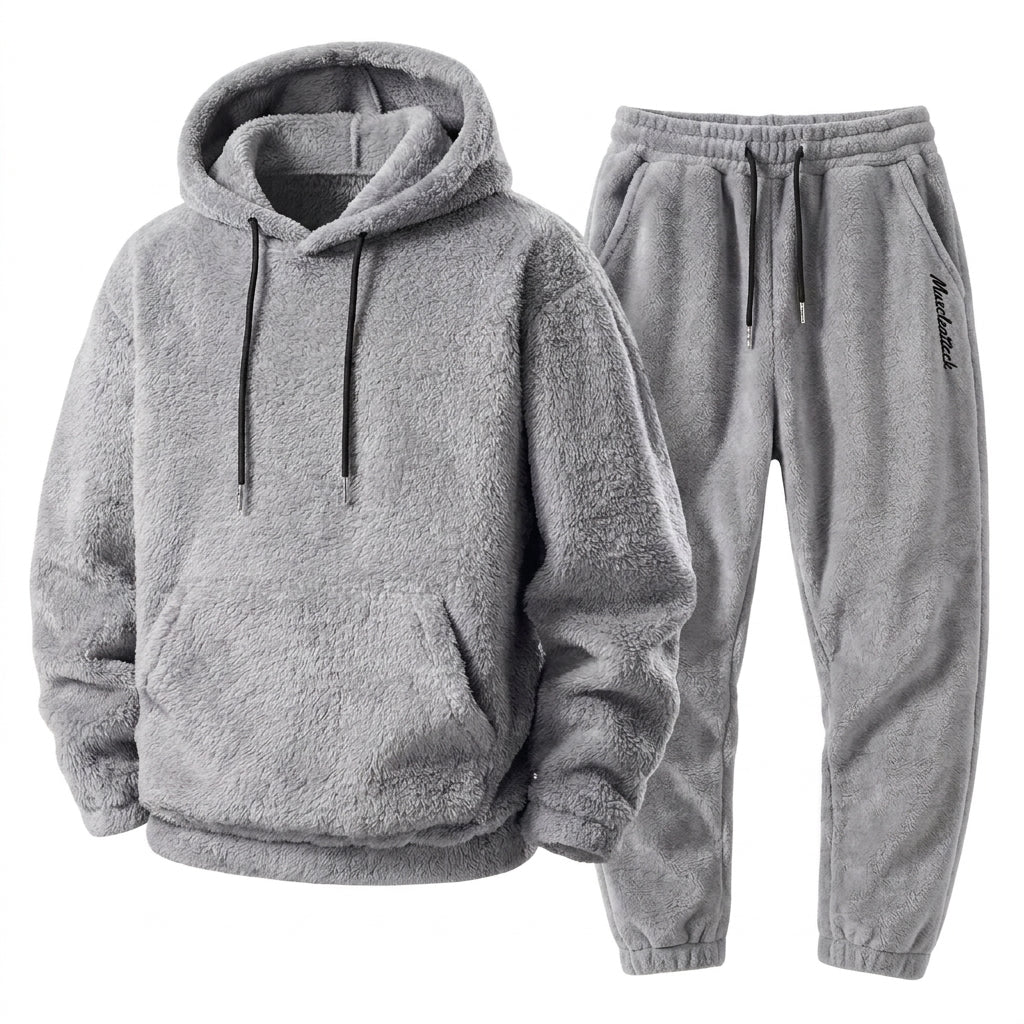 Herrarnas Plush Teddy Träningsoverall – Avslappnad Hooded Jogger Set för Vinterkomfort