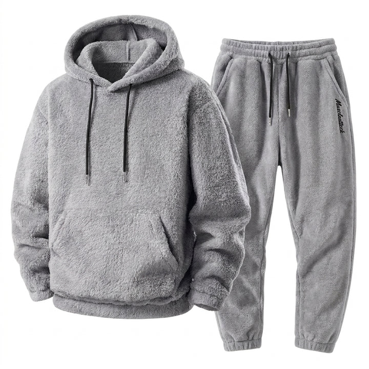 Herrarnas Plush Teddy Träningsoverall – Avslappnad Hooded Jogger Set för Vinterkomfort