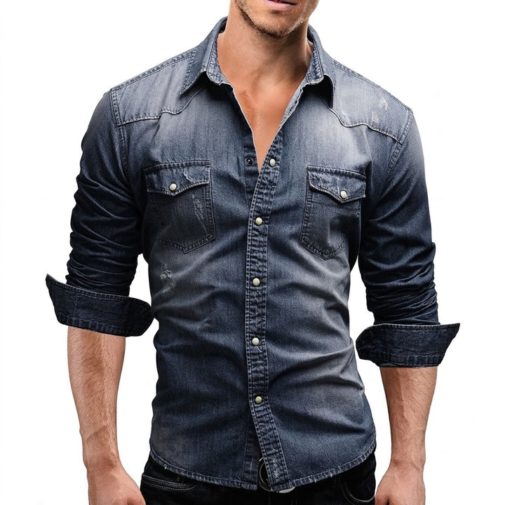 Herrars långärmad denimskjorta med bröstfickor
