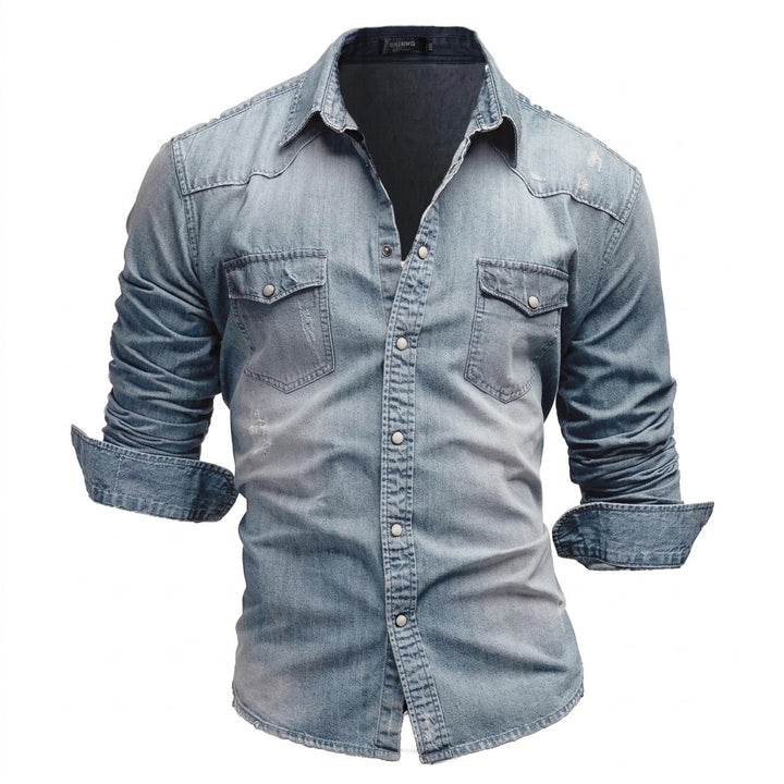 Herrars långärmad denimskjorta med bröstfickor