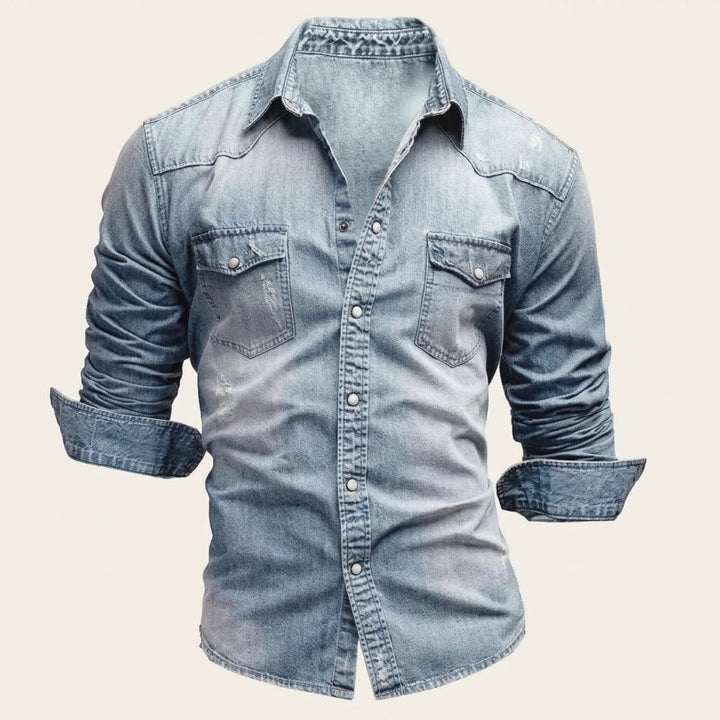 Herrars långärmad denimskjorta med bröstfickor