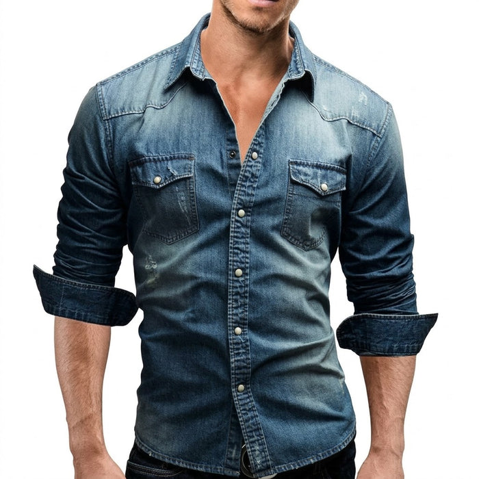 Herrars långärmad denimskjorta med bröstfickor