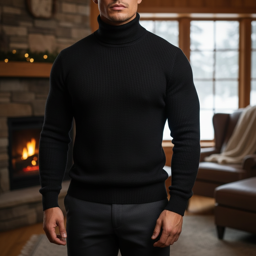 Mans Finstickad Turtleneck Tröja med Ribbad Finish