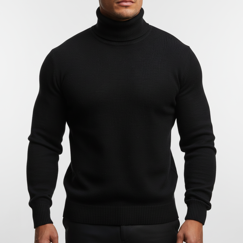 Mans Finstickad Turtleneck Tröja med Ribbad Finish