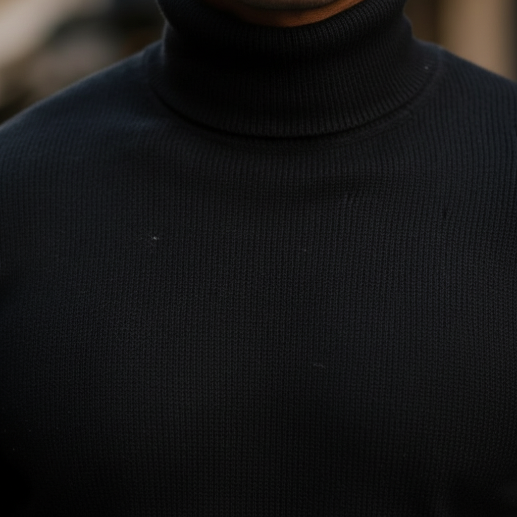Mans Finstickad Turtleneck Tröja med Ribbad Finish