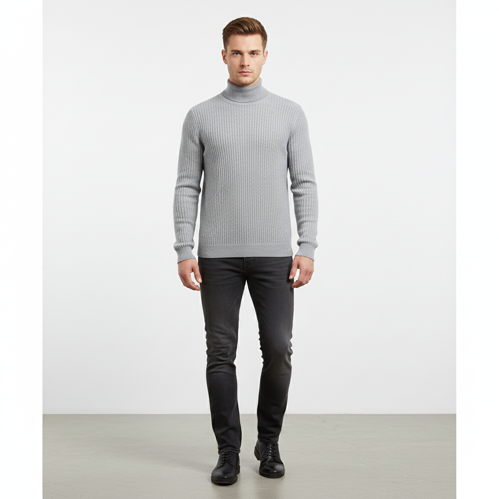 Mans Finstickad Turtleneck Tröja med Ribbad Finish
