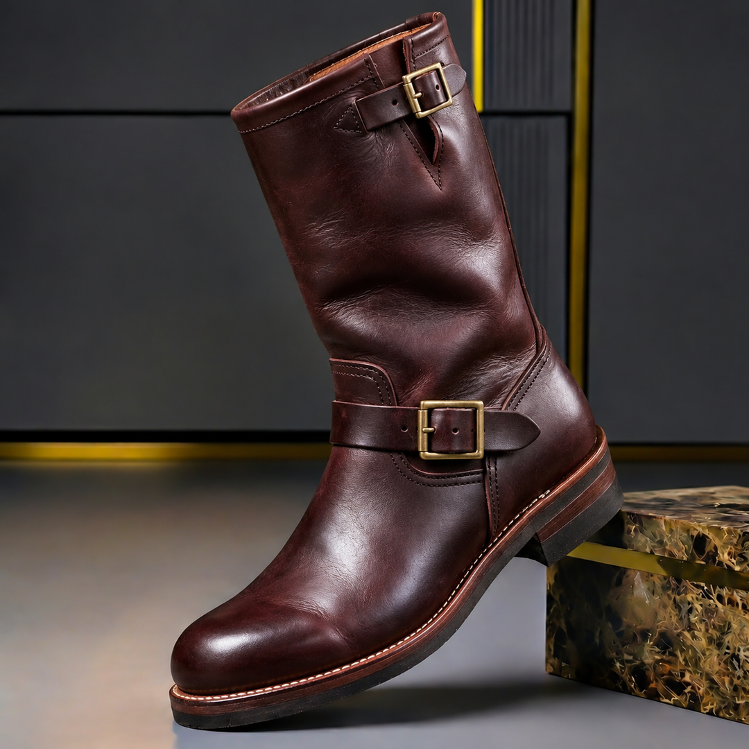 Herrens Äkta Läder Ingenjörsstövlar – Mid-Calf Spänne Skor för Höst och Vinter