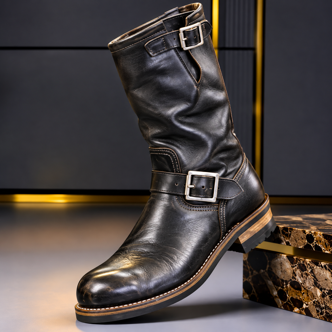 Herrens Äkta Läder Ingenjörsstövlar – Mid-Calf Spänne Skor för Höst och Vinter