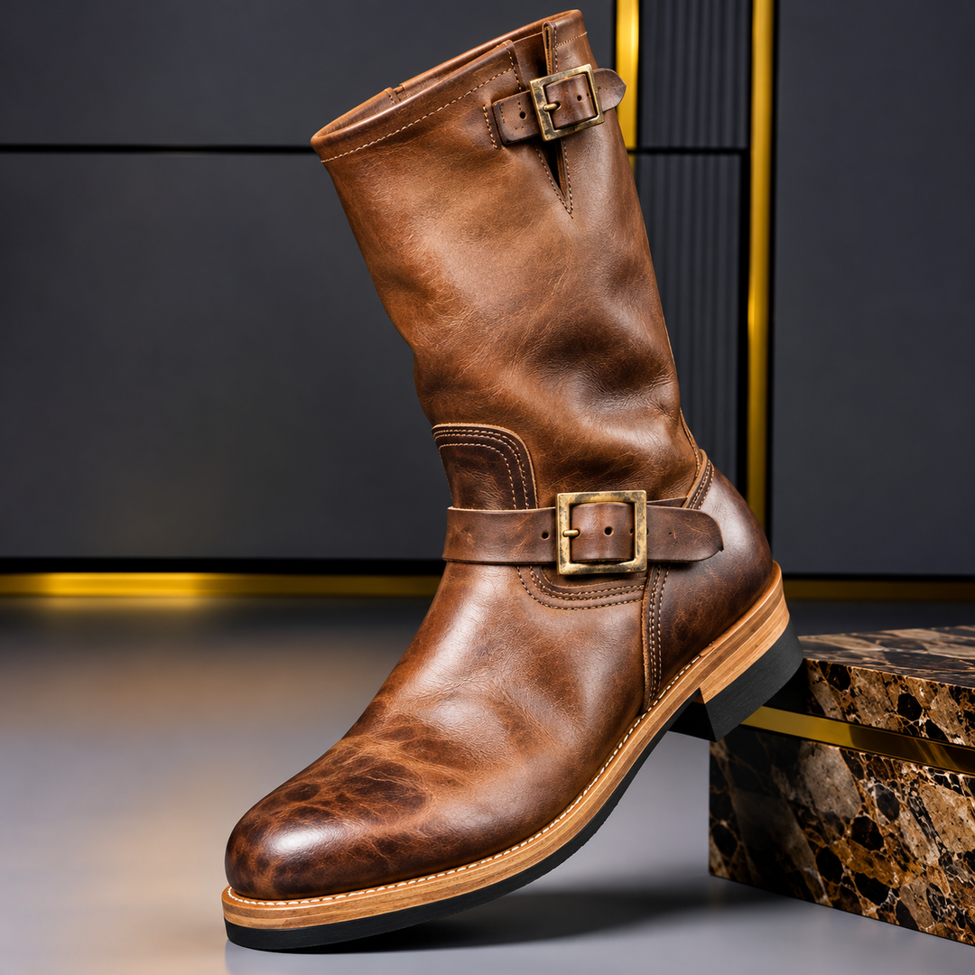 Herrens Äkta Läder Ingenjörsstövlar – Mid-Calf Spänne Skor för Höst och Vinter