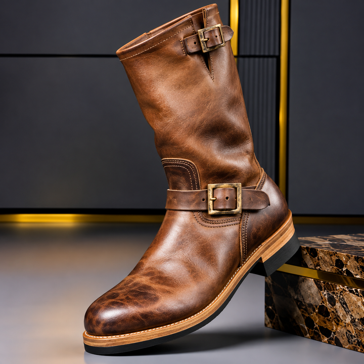 Herrens Äkta Läder Ingenjörsstövlar – Mid-Calf Spänne Skor för Höst och Vinter